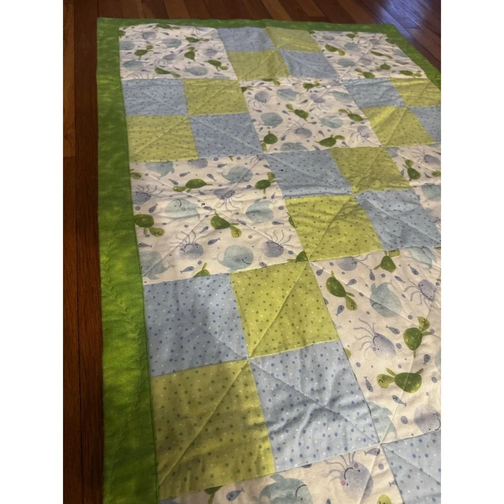 Handmade Baby Quilt Crib Blanket Patchwork Sea Life Blue Green Turtles Jellyfish